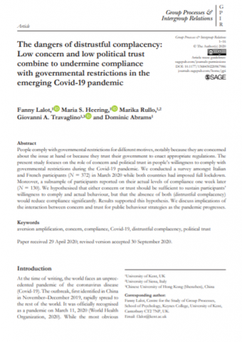The dangers of distrustful complacency: Low concern and low political trust combine to undermine compliance with governmental restrictions in the emerging COVID-19 pandemic